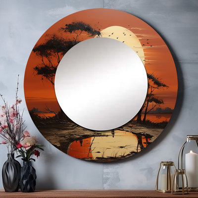 Sebria Tribal africain coucher de soleil I - miroir décoratif tribal africain, grand miroir mural rond, impression d'art en métal