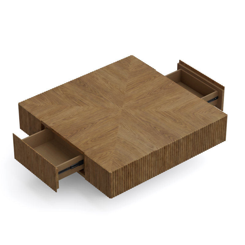 Table basse carrée en bois massif 35,3 pouces avec 2 tiroirs, frêne et chêne fabriqués à la main, Brun