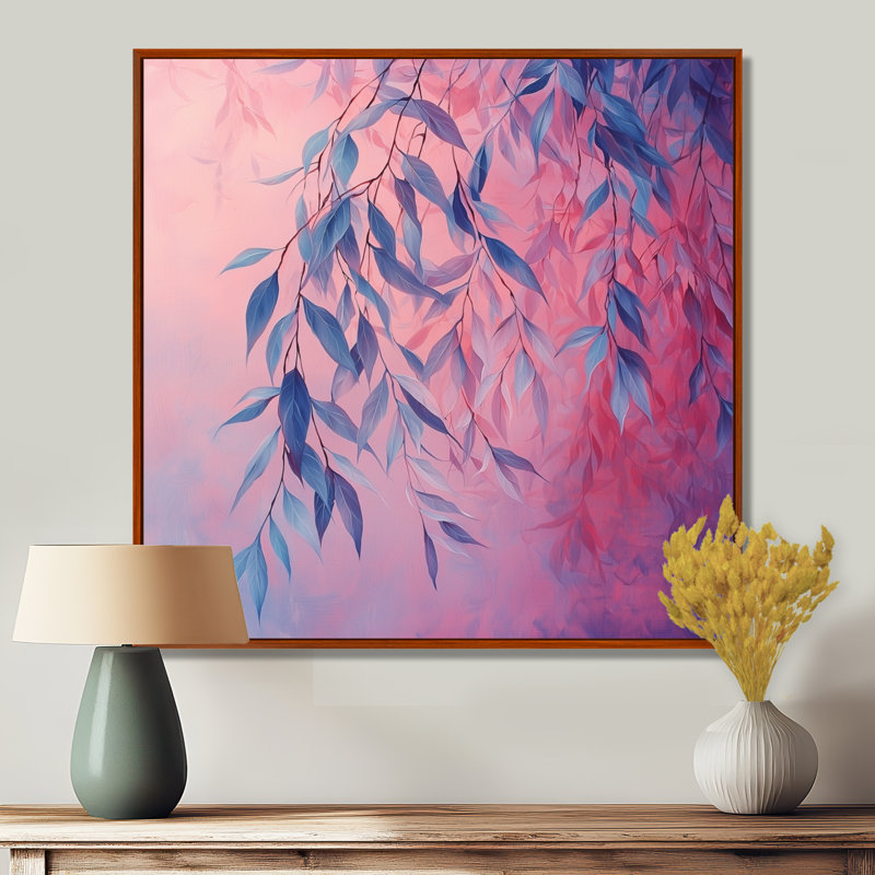 Coucher de soleil sur feuilles de saule II - feuilles, art mural, H 16 po x l 16 po, Impression encadrée flottante, Brun