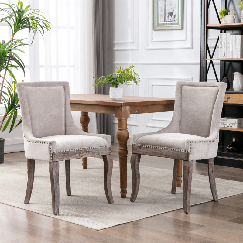 A&a furniture ultra side dining chairs | set of 2 | thickened fabric, solid wood legs | bronze nailhead, Brown, Beige 