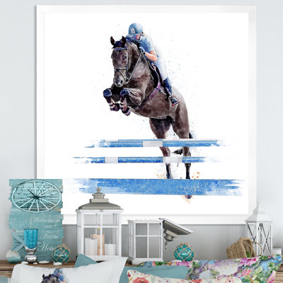 «Jockey» sautant sur un cheval noir - œuvre d'art sur toile