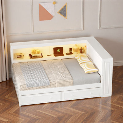 Lit de jour multiple avec tablettes de rangement, USB, DEL et 2 tiroirs