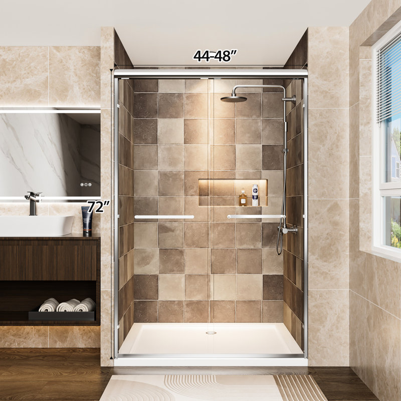 Double Sliding Shower Door Of Aluminum Frame, 48" W X 72" H, 1/4"  6Mm  Tempered Glass With - Proof Film, Adjustable Width And Waterproof For Bathroom In Clear Width, Stainless Steel Handles