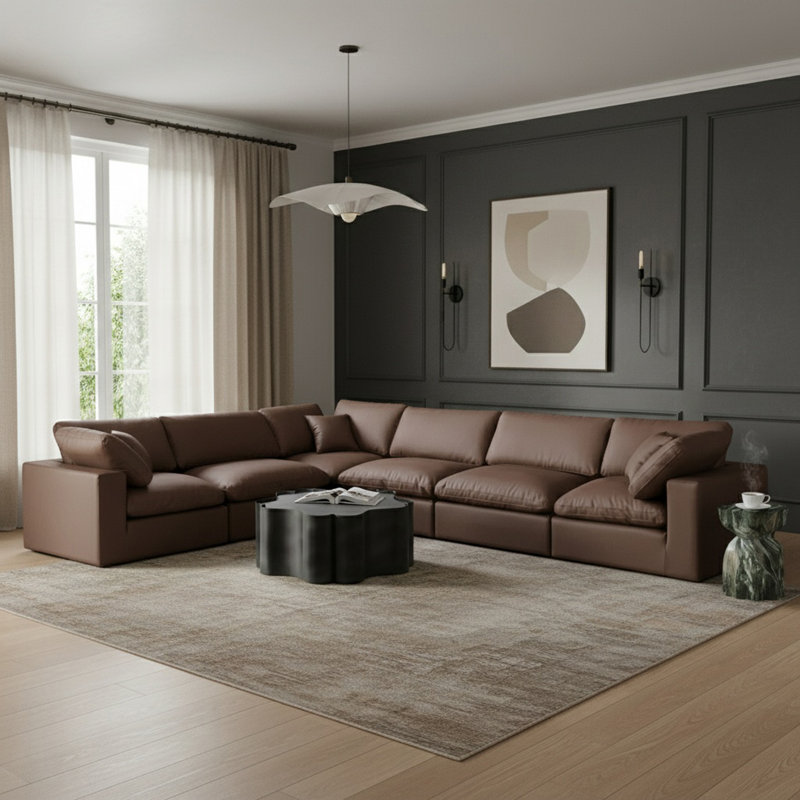 Homere Upholstered L-Shaped Sectional Reversible, Brown Vegan Leather