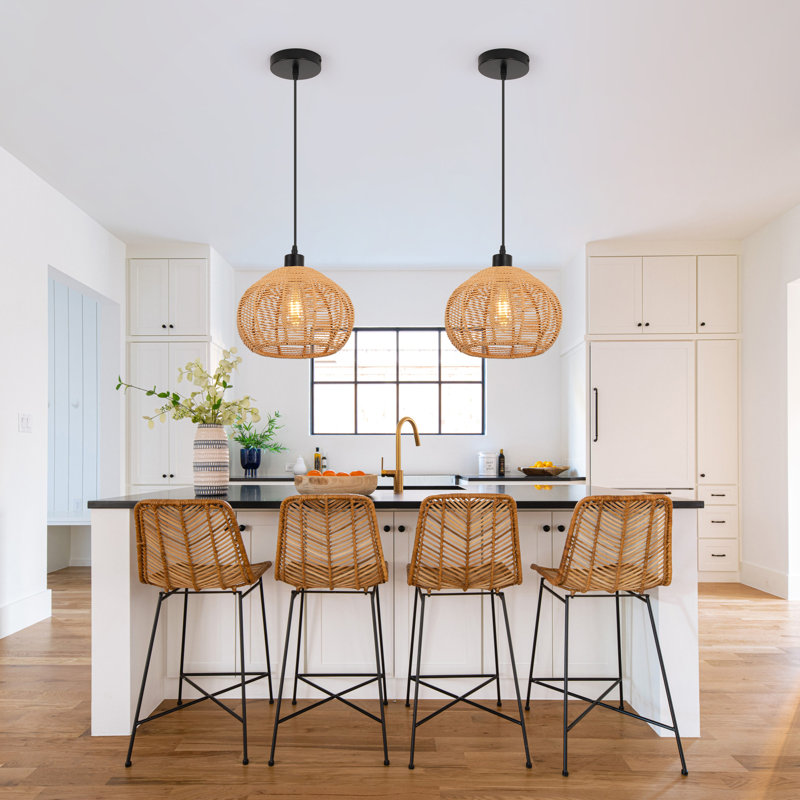 1-Light Steel and Rattan Pendant Light, 7.08" H x 9.84" W x 9.84" D