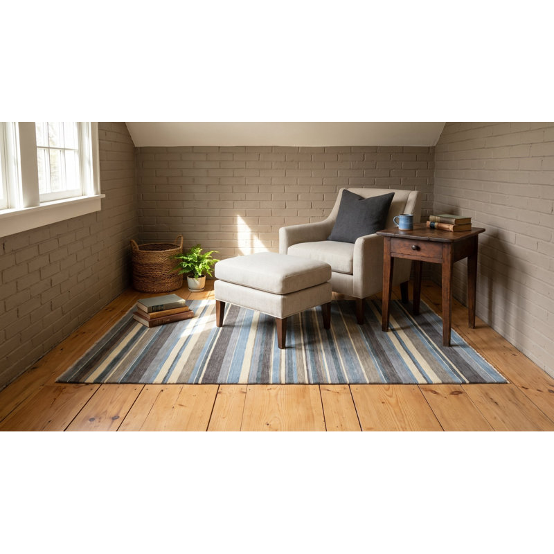 Tapis rayé transitionnel bleu / brun fait à la main Galeana, Rectangulaire 3 pi x 5 pi