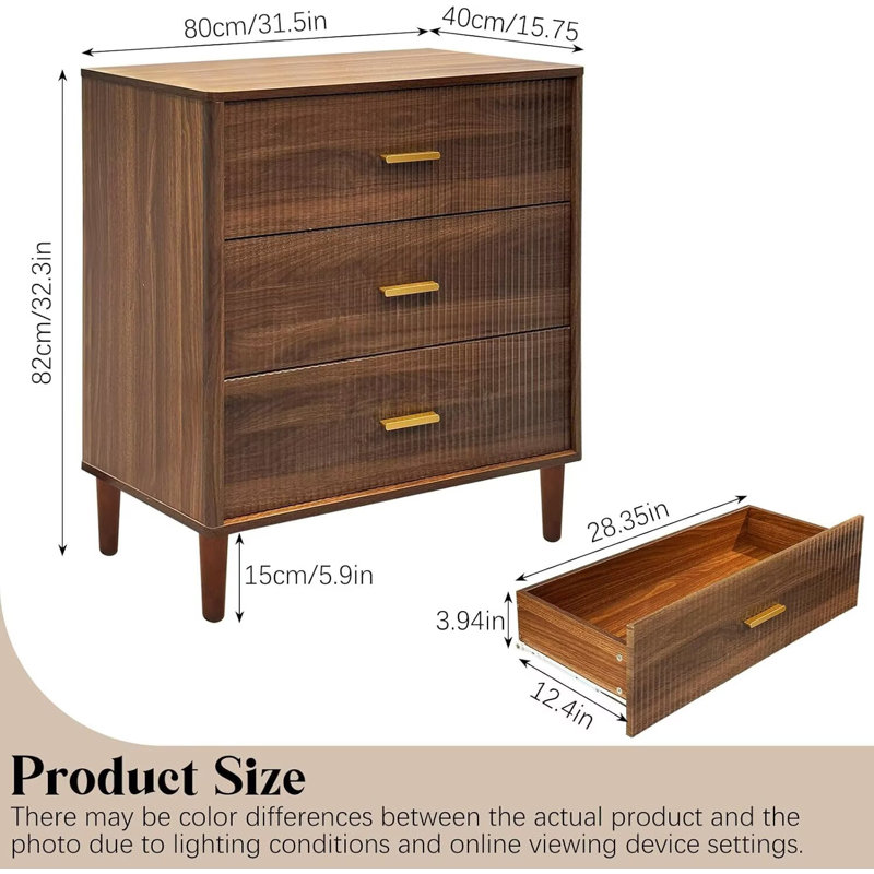 Table de chevet 31,5 po avec 3 tiroirs, Brun