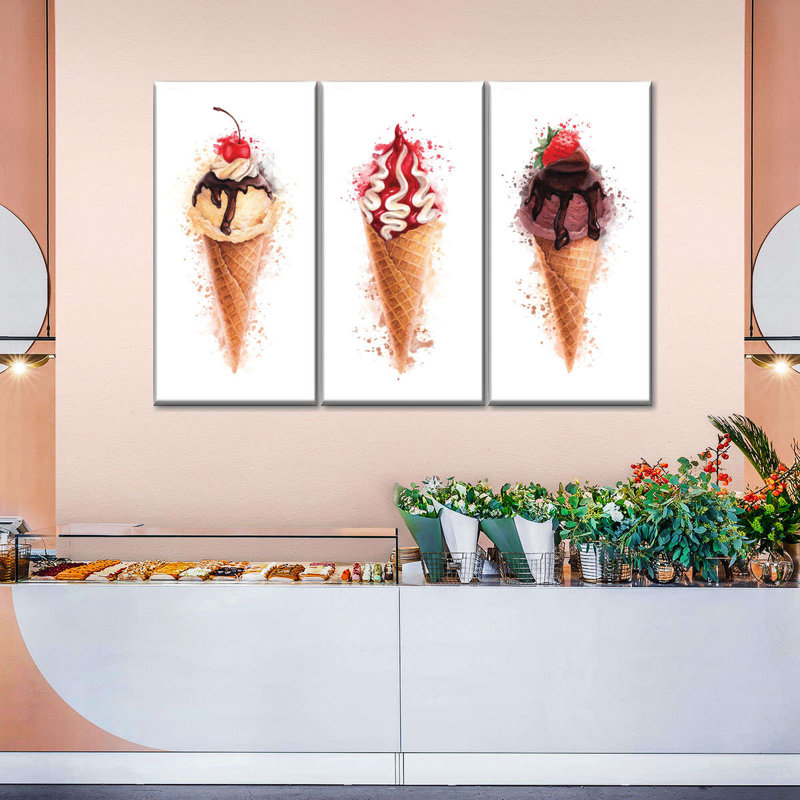 «Ice Cream Cones Splash», reproduction d'art sur toile 3 pièces par Artsy Sally, H 24 po x l 38 po x P 1,25 po