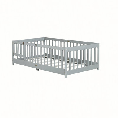 Floor Bed with Safety Guardrails and Door, Natural Rubber Wood for Kids' Comfort and Security
