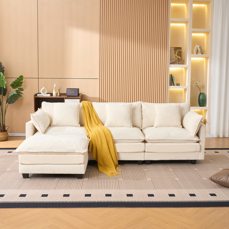 Beige Color  3-Seat Combo Sofa With Storage Ottoman For Living Room Apartment Bedroom And Compact Room, Upholstered Sectional Couch, L Shaped Bench With A Footrest