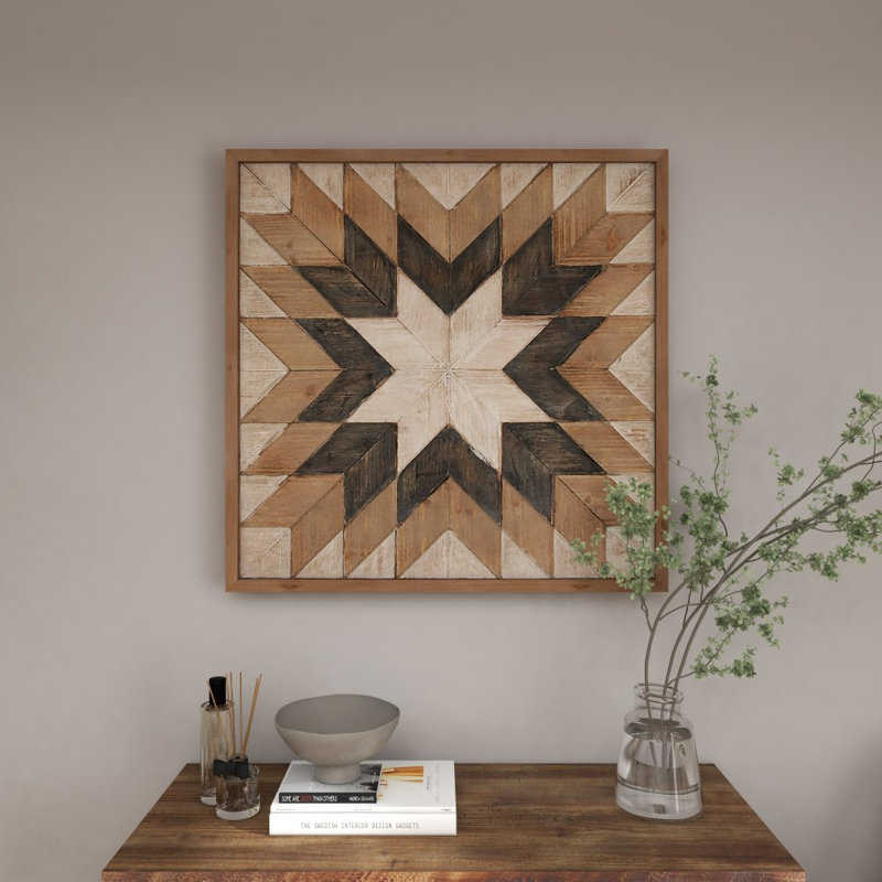 Décoration murale géométrique en bois brun faite à la main style sud-ouest 30 po x 2 po x 30 po