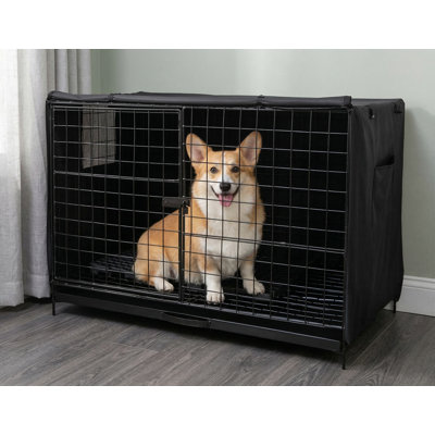 Large 42-Inch Dog Crate Cover (Cover Only), Durable Construction, Light-Reducing and Water-Repellent, Features Storage Pouch, Mesh Window, and Protection Clips, Full Zippered Access on All Sides, Black