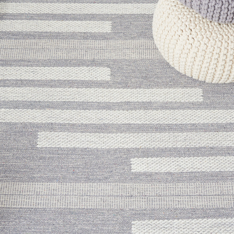 Buth Hand Woven Cotton/Wool Striped Rug in Ivory/Gray, Rectangle 3' x 5'