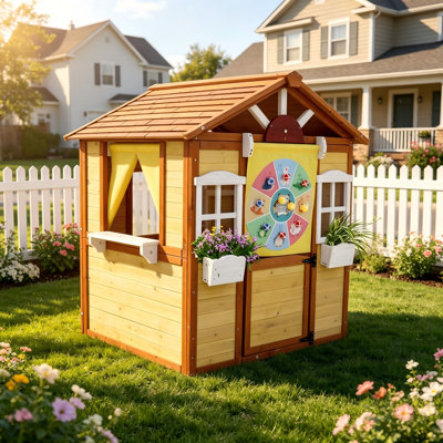 Maisonnette en bois pour enfants, maison de jeu de style chalet avec portes et fenêtres fonctionnelles - pour les enfants de 3 à 8 ans