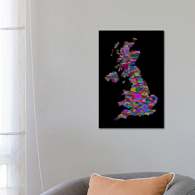 Great Britain UK City Text Map (Black) by Michael Tompsett - Wrapped Canvas Print, 66.04 cm H x 45.72 cm W x 1.91 cm D