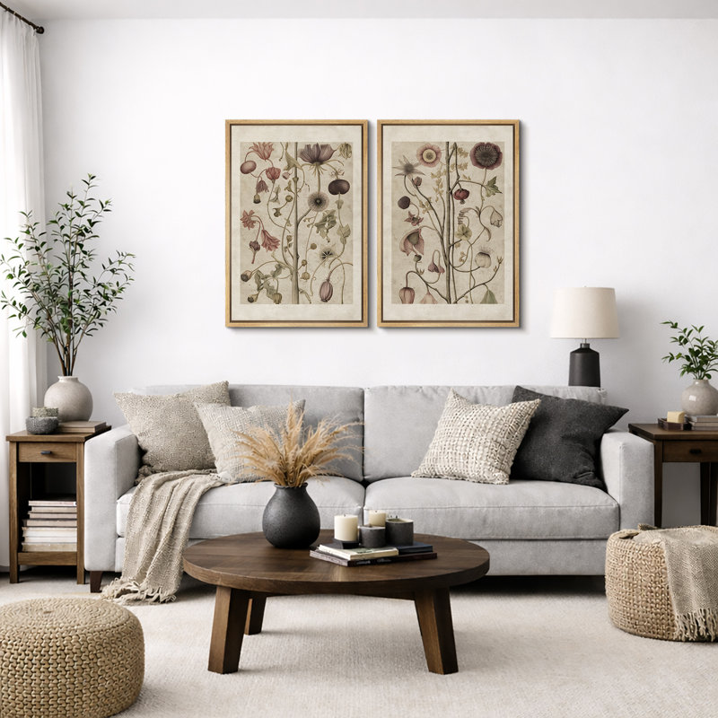 Abstract Botanical "Classic Floral Plant Artwork, Vintage Neutral Kitchen Wall Pictures, Framed Canvas Giclée Print 2 Pieces Wall Art"