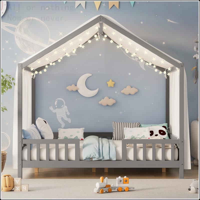 Lit double sur pied Montessori avec auvent et structure en forme de maison, Lit double, Gris