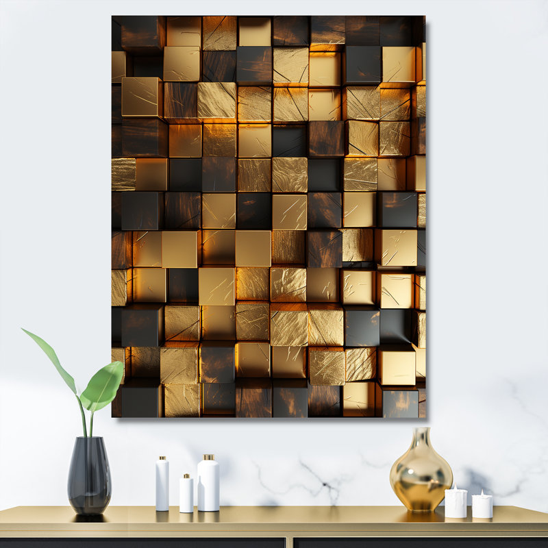 Or abstrait, cubes I - art mural géométrique, Toile tendue, H 20 po x l 12 po x P 1 po