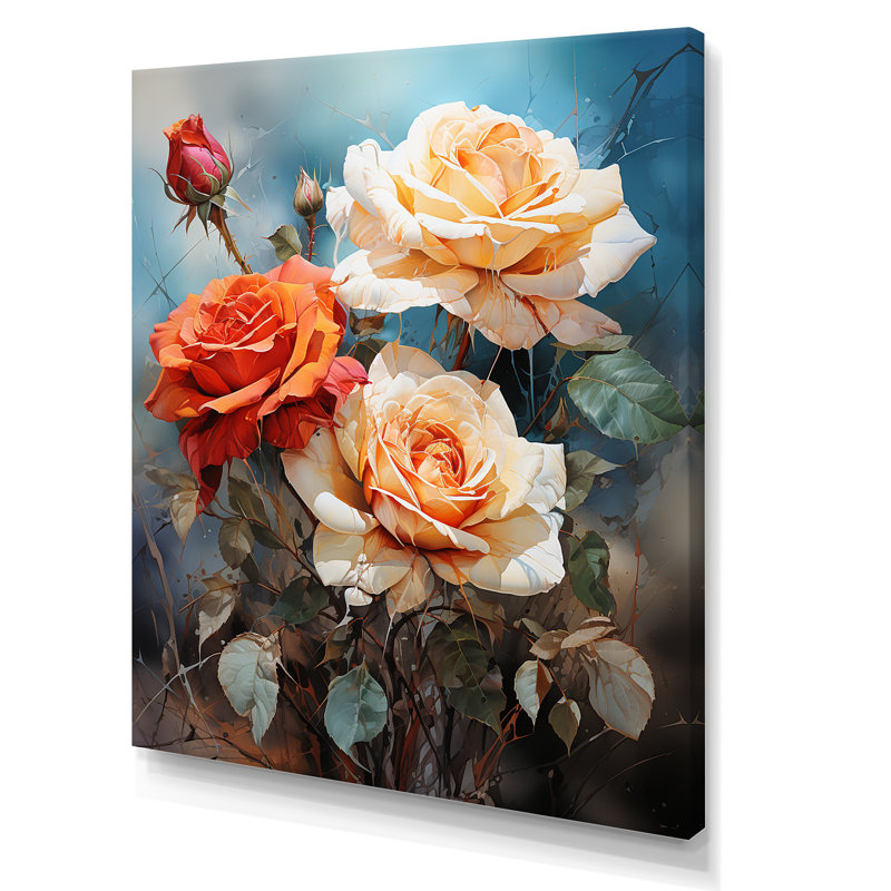 Décoration murale beige et orange rose - roses, art mural salon, Toile tendue, H 32 po x l 16 po