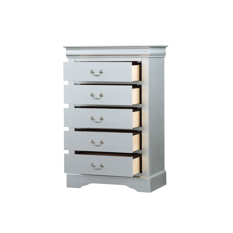 Commode 5 tiroirs avec poignées en métal, Argent argent