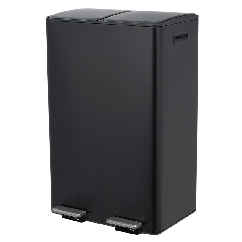 Poubelle de cuisine noire à deux compartiments en acier inoxydable de 60 L pour le tri des déchets - Contenant à ordures moderne pour la maison, le bureau, l'appartement, le restaurant et le hall d'entrée