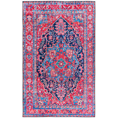 Tucson Vintage Look Machine Washable Non-Slip Area Rug in Red, Pink & Blue