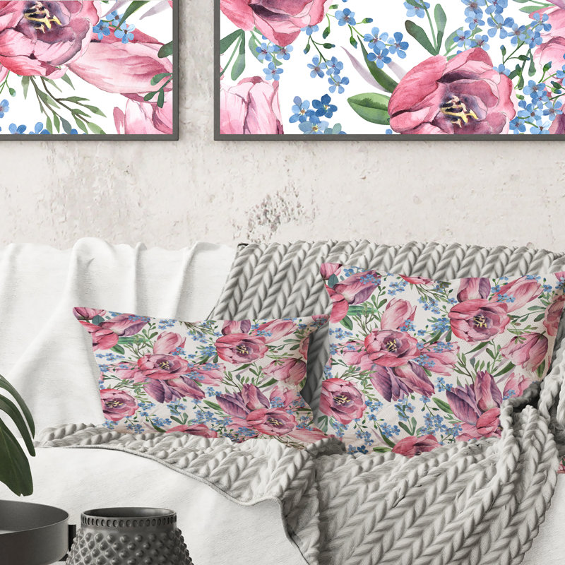 Bouquet de tulipes et de Forget-Me-Nots - Coussin décoratif à motif, 16 po x 16 po