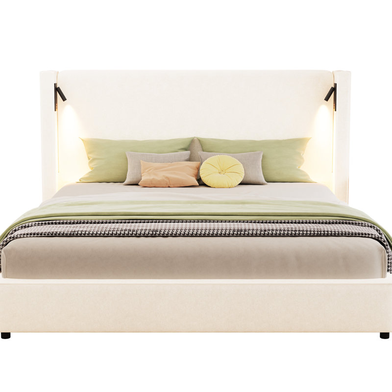 Upholstered King - Sized Beige Bed With High Wingback Headboard, Reading Lamp And , Comfortable Foam, Wood Support, Quick Setup For Bedroom Size, Frame, Beige, Wingback, Installation