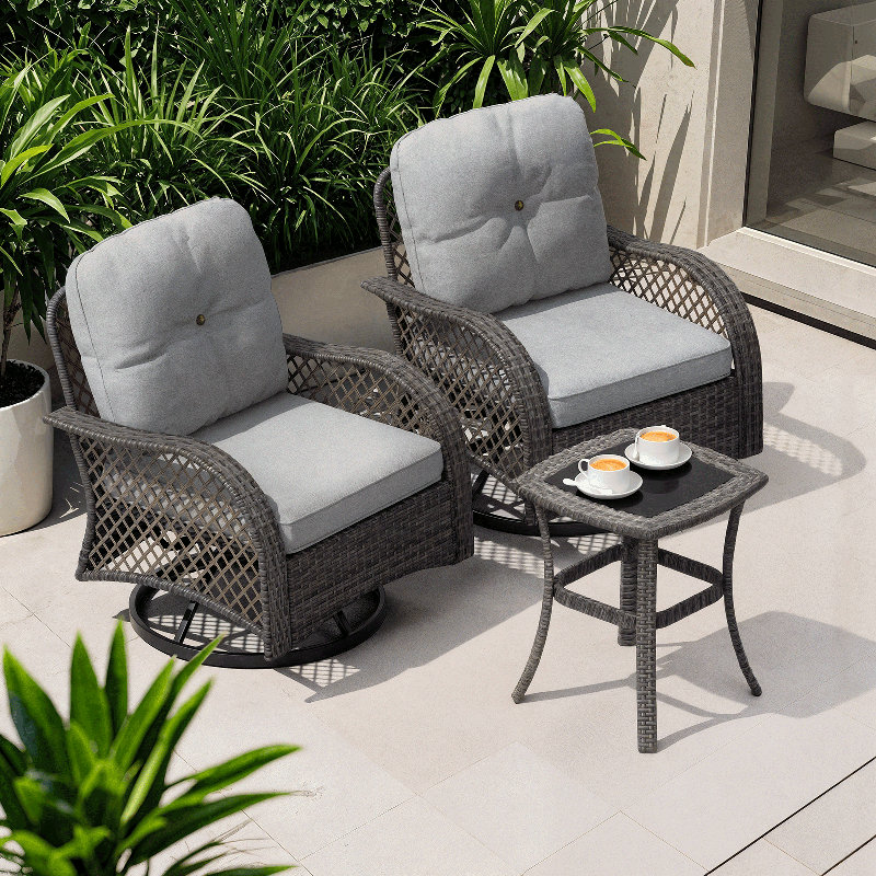 PE Rattan Patio Furniture Set with 2 Chairs & Tempered Glass Table - 3-Piece Outdoor Conversation Sofa Set with Removable Cushions for Porch, Backyard or Garden