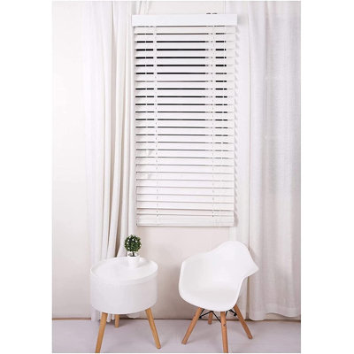 Faux Wood Venetian Blinds, Waterproof Horizontal Slats with Corded Light & Privacy Control, Trim-to-Size Window Blinds