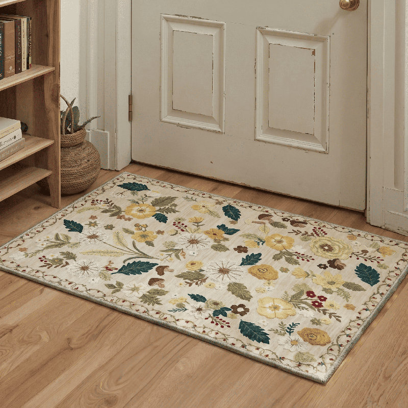 Cogswell Floral Poppy Machine Washable Begie/Green/Yellow Indoor Area Rug With Non-Slip Backing, Rectangle 9' x 12'