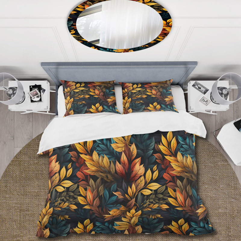 Ensemble de housse de couette jaune à feuilles d'automne rustiques, Housse de couette simple + 1 taie décorative stan