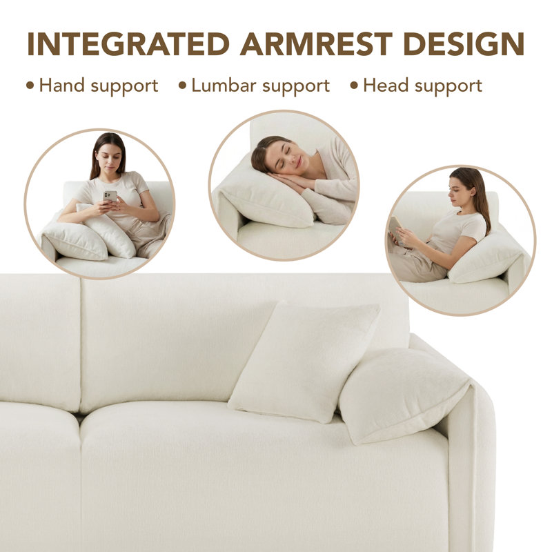 Bodhild 94.8" Feather-Filled Chenille Upholstered Sleeper Sofa, Cream