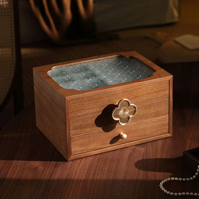Walnut Wooden Jewelry Organizer Box with Glass Top and Floral Camellia Handle, 3 Drawers for Rings, Necklaces and Earrings, 6.3 Inches