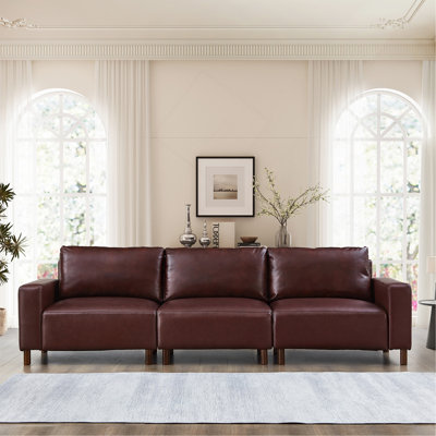 112" Luxury PU Leather Sofa for Living Room, Apartment Living, Upholstered Breathable Faux Leather PU Couch featuring Wood Legs, Burgundy