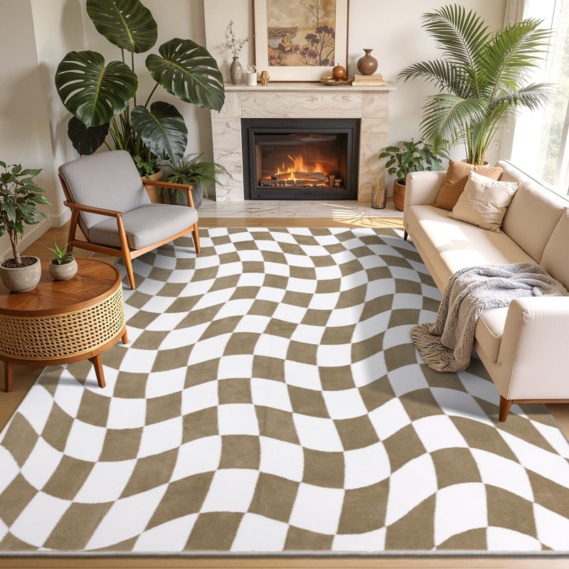 Tapis à carreaux lavable antidérapant Modern, Rectangulaire 8 pi x 10 pi, Blanc/Brun clair