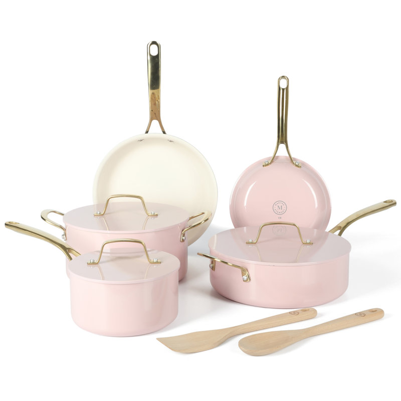 Batterie de cuisine en aluminium 10 pièces Martha Stewart Galway avec couvercle en aluminium, Rose