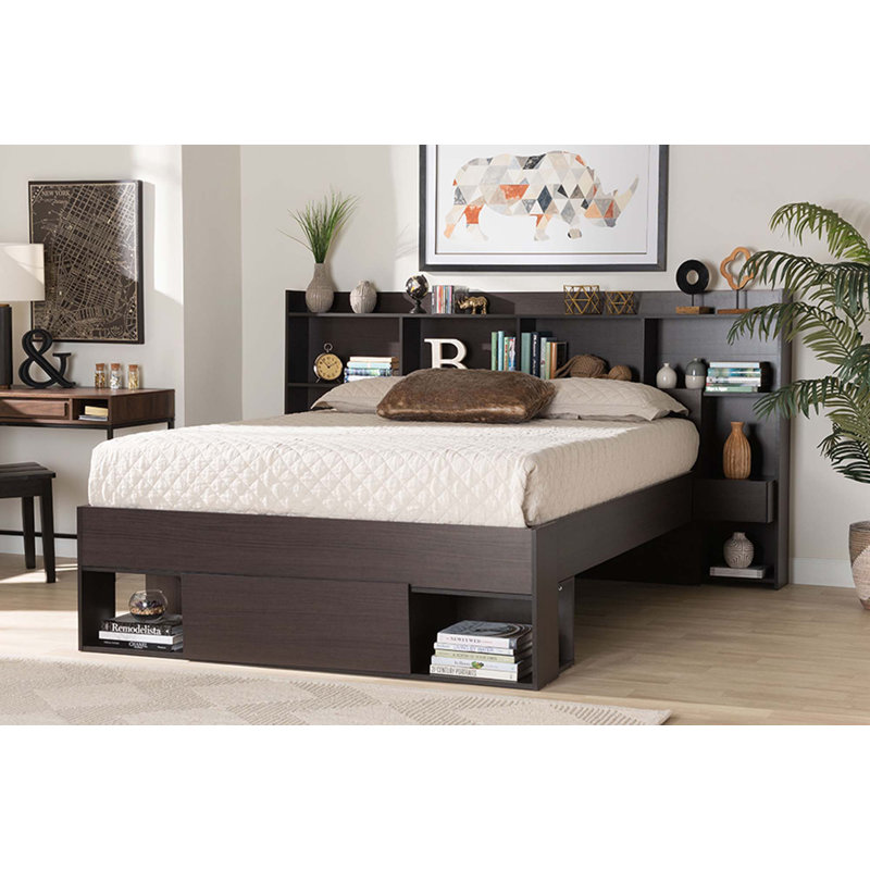 Dexton Dark Brown Queen Wood Platform Storage Bed with Shelves