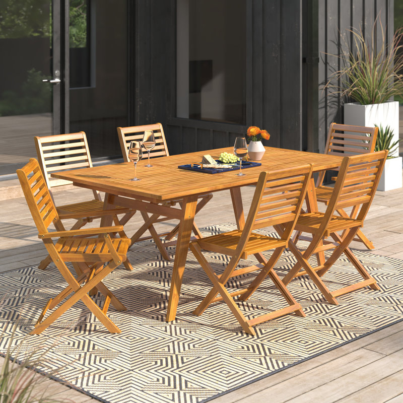 Ensemble bistro 7 pièces pour patio composé d'une table d'extérieur rectangulaire en bois d'acacia et de 2 fauteuils pliables avec 4 chaises d'appoint, 40 x 72 pouces, huile naturelle