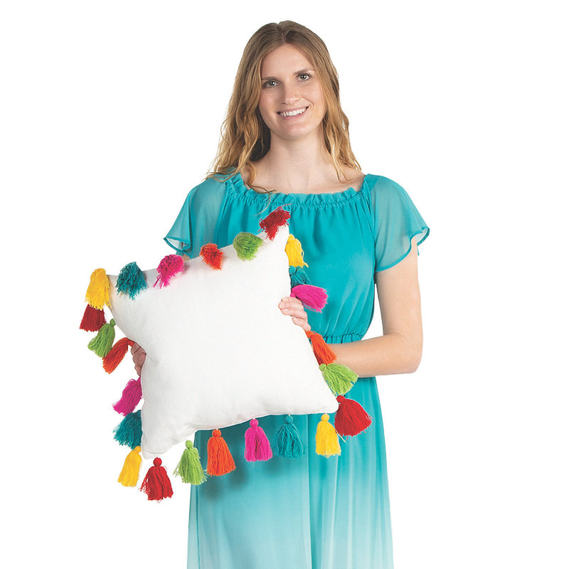 White Cotton Square Pillow with Multicolor Tassels
