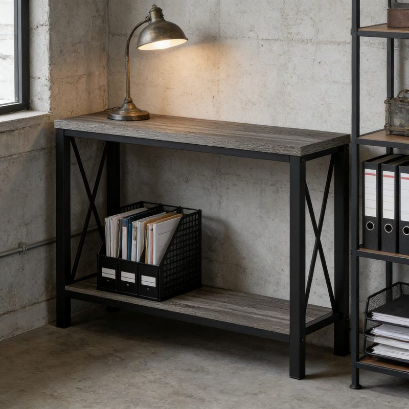 Console industrielle avec 2 tablettes, table de canapé derrière le canapé, table d'entrée pour le salon, le couloir et le vestibule, conception en bois robuste et en métal
