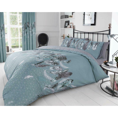 Modern Feather Design Duvet Cover Set with Matching Pillowcases - Polycotton Fabric Bedding