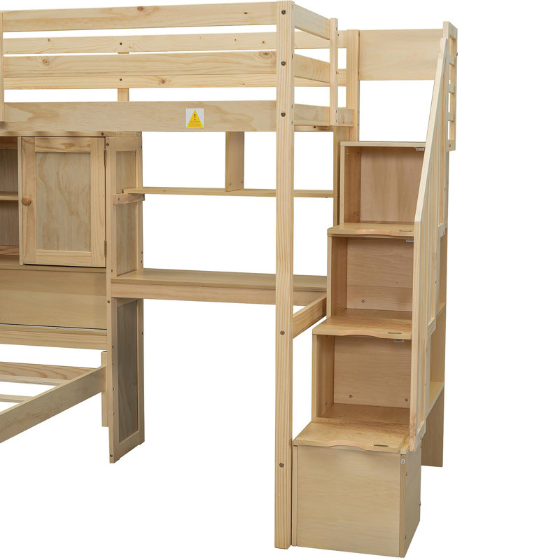 Lit mezzanine simple au-dessus de simple avec bureau intégré et escalier, avec compartiments de rangement et tablettes