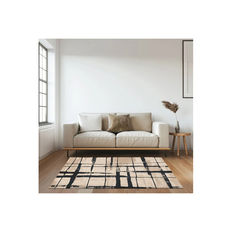 Tapis à motif géométrique rayé noir, Rond 4 pi
