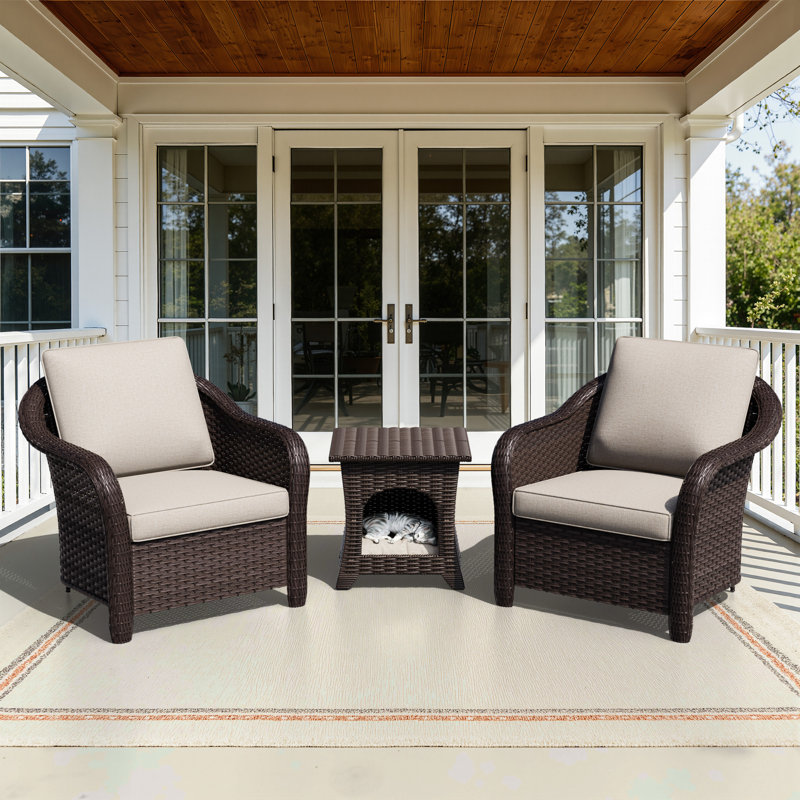 Ensemble de patio 3 pièces en osier avec table pour animal de compagnie intégrée, Beige