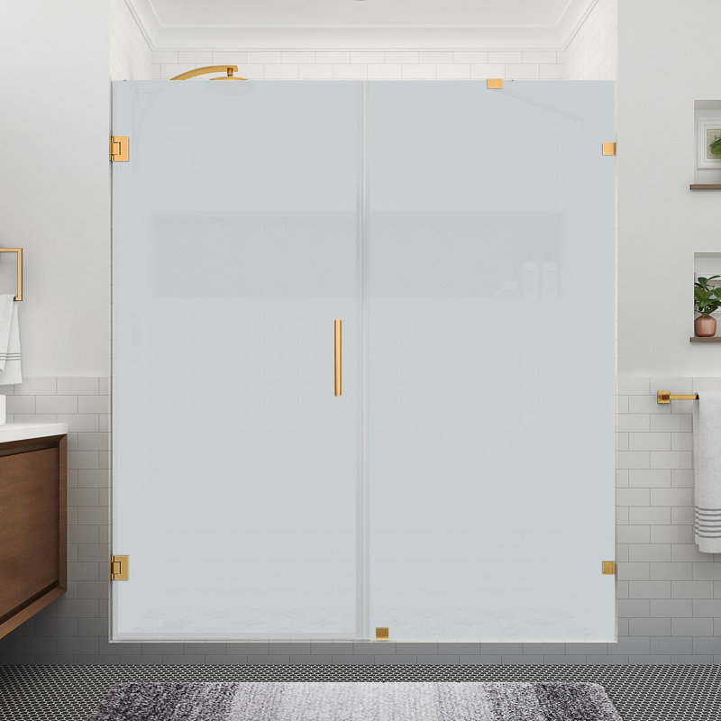 Nautis XL 70.25 to 71.25 in. W x 80 in. H Hinged Frameless Shower Door W/ Ultra-Bright Frosted Glass, Brushed Gold