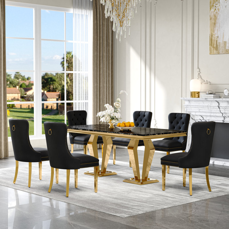 7-Piece Dining Table Set, Marble Veneer MDF Table with 6 Velvet Dining Chairs – Modern Dining Set for 6