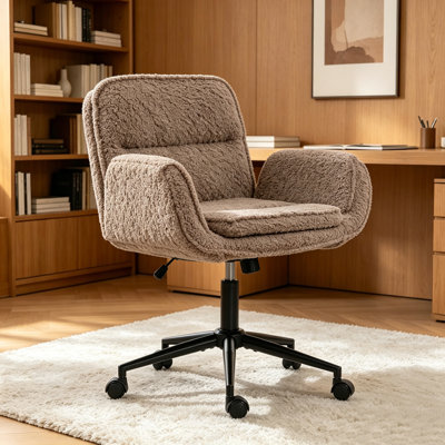 Criss Cross Chair with 5-Gear Adjustable Armrests & Wheels, Ergonomic Thickened Backrest Swivel Desk Chair for Home Office, Vanity, Bedroom and Living Room,brown Teddy fleece