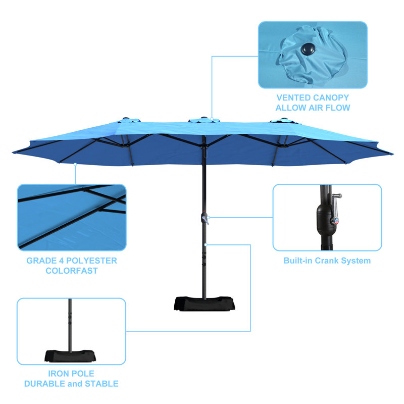 15 Ft Turquoise and Black Steel Patio Market Umbrella with Base