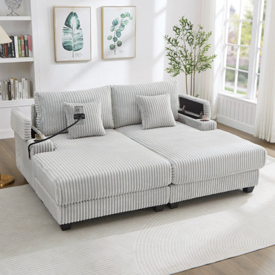 75.5" Modern Chaise Sofa, Chaise Lounge Loveseat Sleeper With Adjustable Backrest, Cup Holders, Phone Holder & Storage Compartments For Living Room